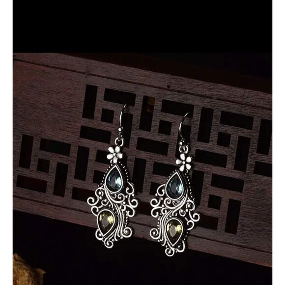 Blue  Yellow Pear Shaped Topaz Filigree Silver Alloy Earrings French Wire Dangle - Picture 4 of 4